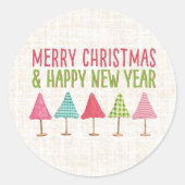 Crafted Christmas Trees, Pink Red Green Linen ラウンドシール (正面)