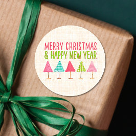 Crafted Christmas Trees, Pink Red Green Linen ラウンドシール