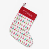 Crafted Fabric Christmas Trees – Pink Red Green スモールクリスマスストッキング (正面 (吊り時))