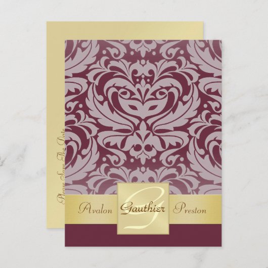 Cranberry Half Damask金ゴールド日付ポストカードの保存 案内ポストカード (正面/裏面)