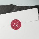 Cranberry | Modern Brush Lettered Save the Date ラウンドシール<br><div class="desc">Chic and modern save the date stickers feature your names and wedding date in circular text surrounding "save the date" in white hand lettered brush typography. Rich cranberry red background is striking and elegant for a perfect way to finish your save the date mailings, especially for winter, holiday or Christmas...</div>