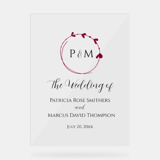 Cranberry Red Simple Heart Wreath Wedding アクリルサイン (正面)