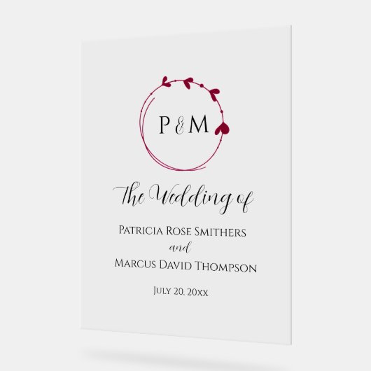 Cranberry Red Simple Heart Wreath Wedding アクリルサイン (傾斜)