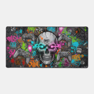 Crâne Cyber-Graffiti et Manettes Néon (tapis souri デスクマット