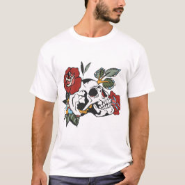 crane fleur rose feuille tattoo tete de mort branc tシャツ