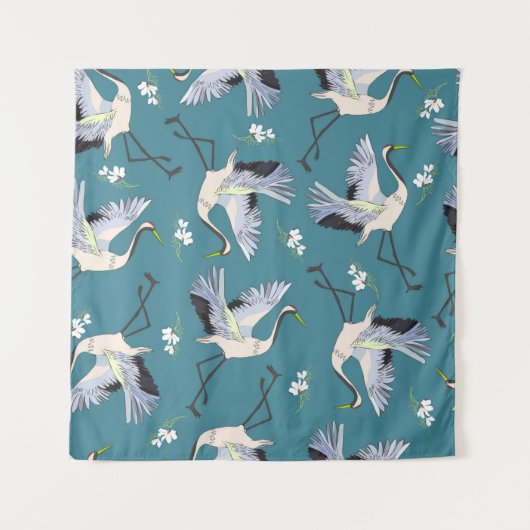 crane, pattern, illustration flying bird flower タペストリー (正面)