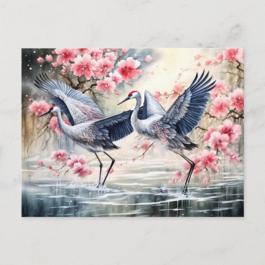 Cranes in water with floral reflections シーズンポストカード (正面)