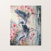 Cranes in water with floral reflections ジグソーパズル (縦)