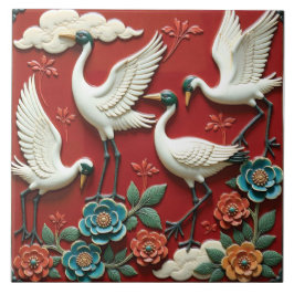 Cranes Resting on Floral Branches タイル