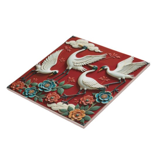 Cranes Resting on Floral Branches タイル (側面)