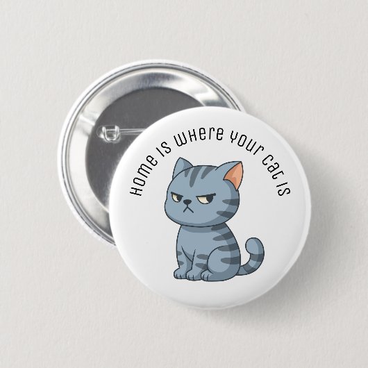 Cranky Grey Tabby Cat Custom Text 缶バッジ (正面&裏面)