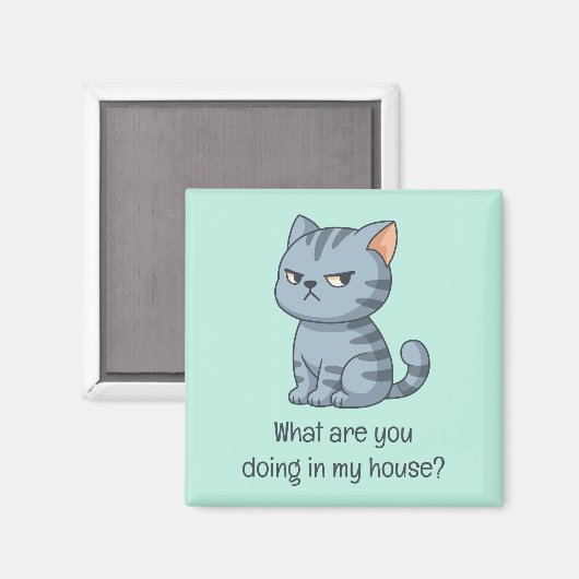 Cranky Grey Tabby Cat Funny Text Green マグネット (正面/裏面)