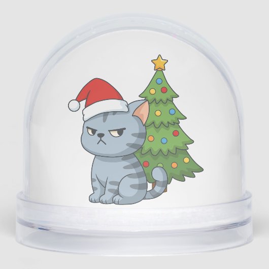 Cranky Grey Tabby Cat Red Hat Christmas Tree (正面)