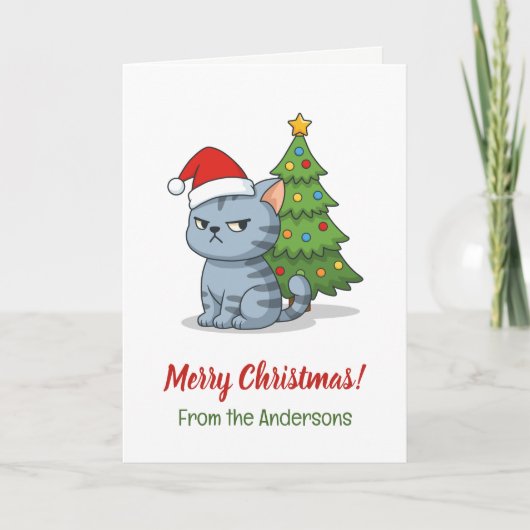 Cranky Grey Tabby Cat Red Hat Christmas Tree カード (正面)