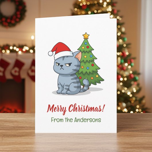Cranky Grey Tabby Cat Red Hat Christmas Tree カード