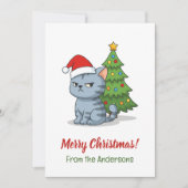 Cranky Grey Tabby Cat Red Hat Christmas Tree シーズンカード (正面)