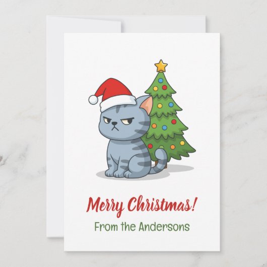 Cranky Grey Tabby Cat Red Hat Christmas Tree シーズンカード (正面)