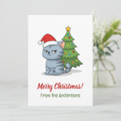 Cranky Grey Tabby Cat Red Hat Christmas Tree シーズンカード (スタンド正面)