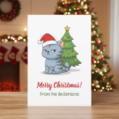 Cranky Grey Tabby Cat Red Hat Christmas Tree シーズンカード
