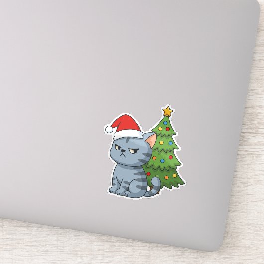 Cranky Grey Tabby Cat Red Hat Christmas Tree シール (詳細)