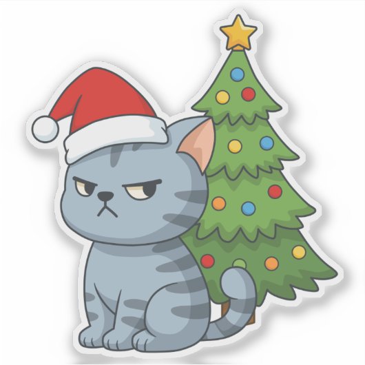 Cranky Grey Tabby Cat Red Hat Christmas Tree シール (正面)