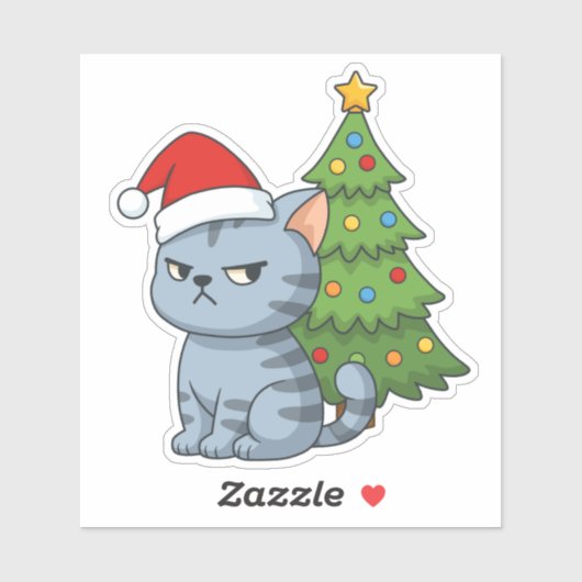 Cranky Grey Tabby Cat Red Hat Christmas Tree シール (シート)