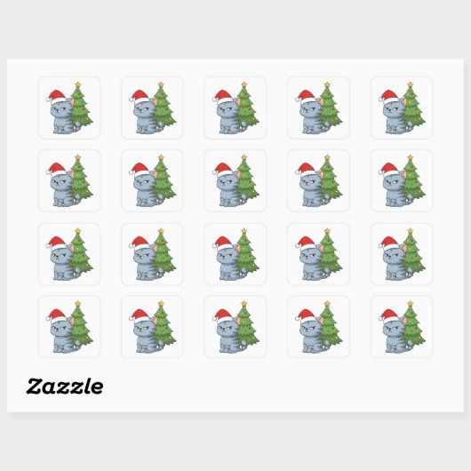 Cranky Grey Tabby Cat Red Hat Christmas Tree スクエアシール (シート)