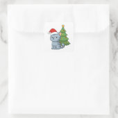 Cranky Grey Tabby Cat Red Hat Christmas Tree スクエアシール (バッグ)
