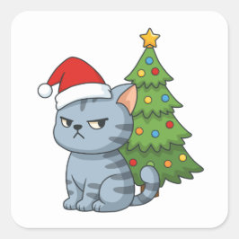 Cranky Grey Tabby Cat Red Hat Christmas Tree スクエアシール