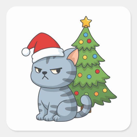 Cranky Grey Tabby Cat Red Hat Christmas Tree スクエアシール (正面)
