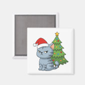 Cranky Grey Tabby Cat Red Hat Christmas Tree マグネット (正面/裏面)