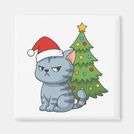 Cranky Grey Tabby Cat Red Hat Christmas Tree マグネット