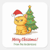 Cranky Orange Tabby Cat Red Hat Christmas Tree スクエアシール (正面)