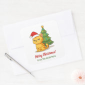 Cranky Orange Tabby Cat Red Hat Christmas Tree スクエアシール (封筒)