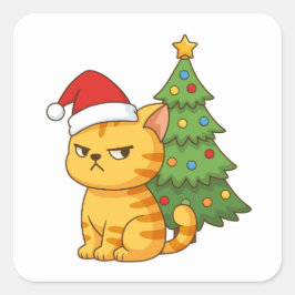 Cranky Orange Tabby Cat Red Hat Christmas Tree スクエアシール