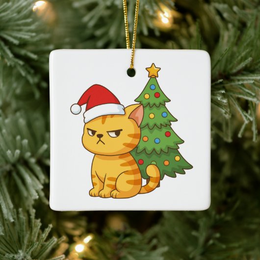 Cranky Orange Tabby Cat Red Hat Christmas Tree セラミックオーナメント (ツリー)