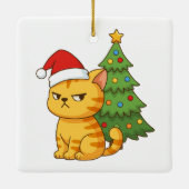 Cranky Orange Tabby Cat Red Hat Christmas Tree セラミックオーナメント (裏面)