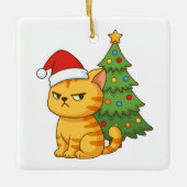 Cranky Orange Tabby Cat Red Hat Christmas Tree セラミックオーナメント (正面)