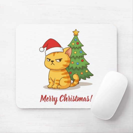 Cranky Orange Tabby Cat Red Hat Christmas Tree マウスパッド (マウス)