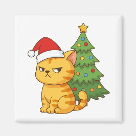Cranky Orange Tabby Cat Red Hat Christmas Tree マグネット