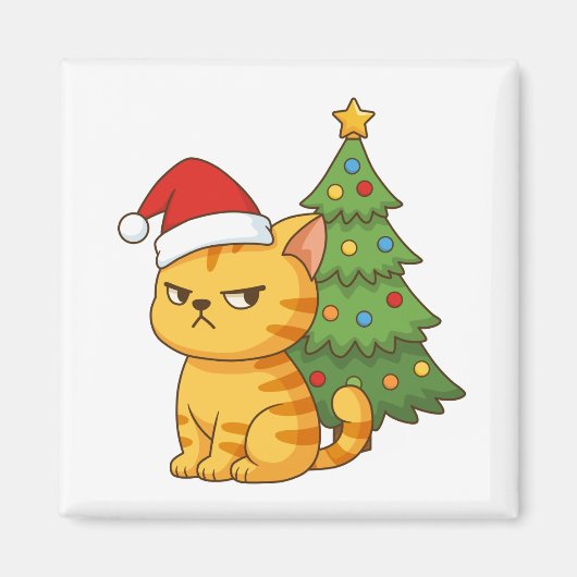 Cranky Orange Tabby Cat Red Hat Christmas Tree マグネット (正面)