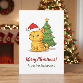 Cranky Tabby Cat Red Hat Christmas Tree シーズンカード