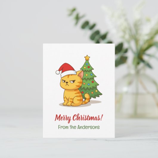 Cranky Tabby Cat Red Hat Christmas Tree ポストカード (スタンド正面)