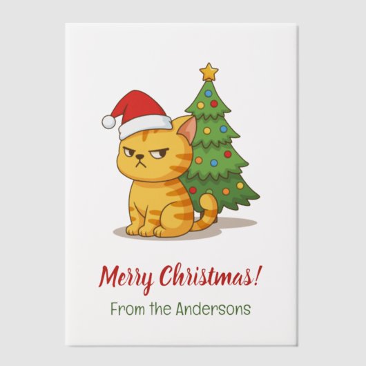 Cranky Tabby Cat Red Hat Christmas Tree Insert ベラム紙招待状 (正面)