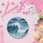 Crashing Ocean Waves | Coastal Blue Watercolor ペーパープレート (パーティー)