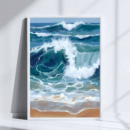 Crashing Ocean Waves | Coastal Blue Watercolor ポスター