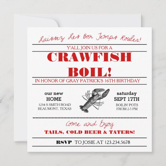 Crawfishまたは低地諸国の沸騰招待状 招待状 (正面)