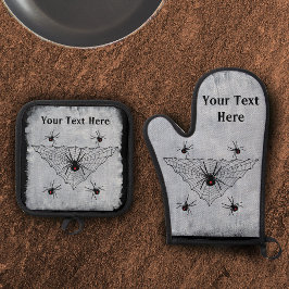 Crawling poisonous Black Widow Spiders Web White 鍋つかみ&鍋敷きセット