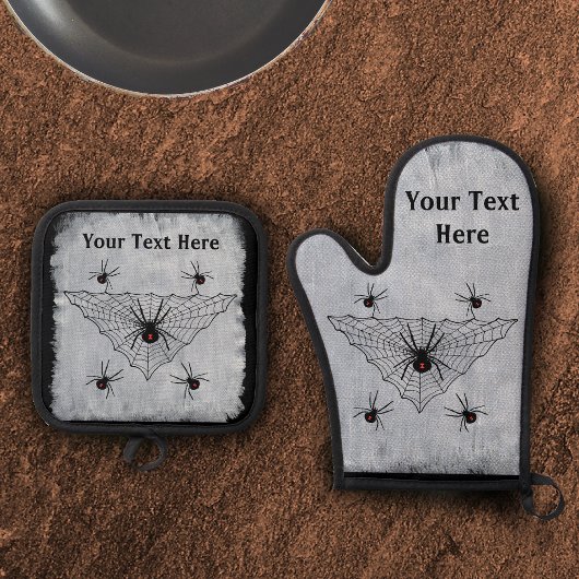 Crawling poisonous Black Widow Spiders Web White 鍋つかみ&鍋敷きセット