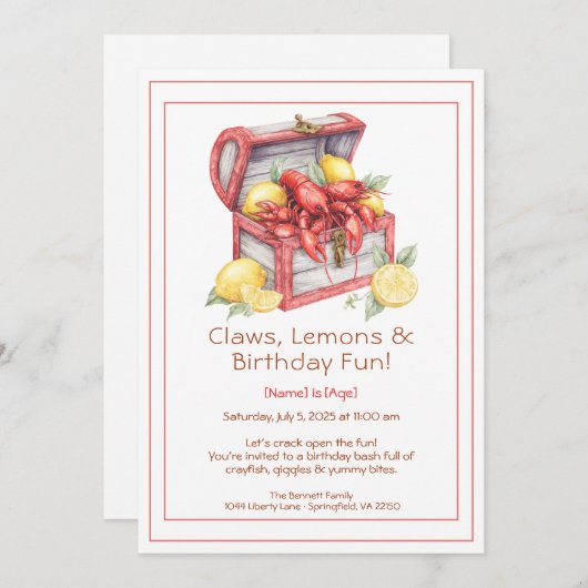 Crayfish & Lemon Treasure Chest Birthday 招待状 (正面/裏面)